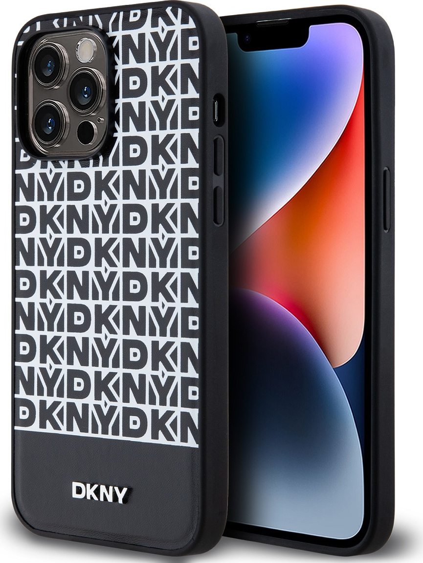 DKNY PU Leather Repeat Pattern Bottom Stripe MagSafe Zadní Kryt pro iPhone 15 Pro Max Black