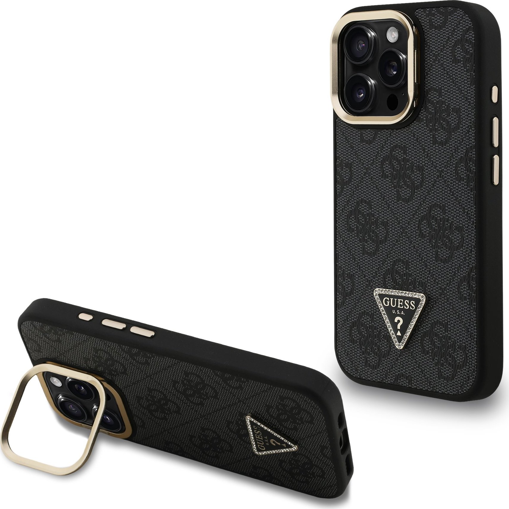 Guess PU 4G Strass Triangle Logo Stand Camera Frame MagSafe Zadní Kryt pro iPhone 15 Pro Max Black