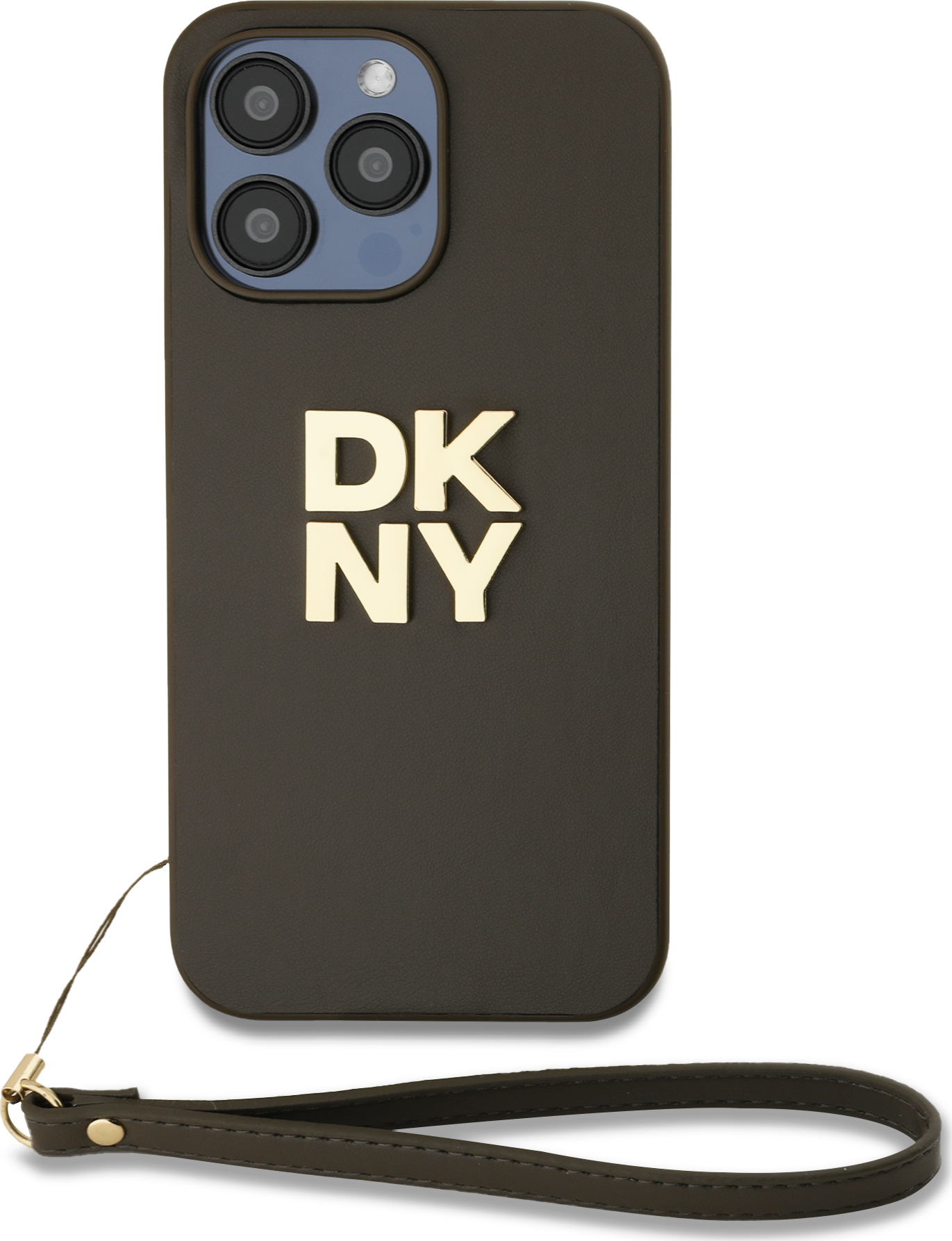 DKNY PU Leather Stack Logo Wrist Strap Zadní Kryt pro iPhone 15 Pro Max Brown