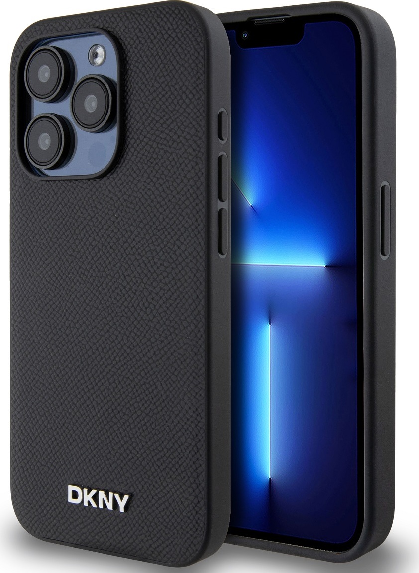 DKNY PU Leather Silver Metal Logo Magsafe Zadní Kryt pro iPhone 15 Pro Max Black