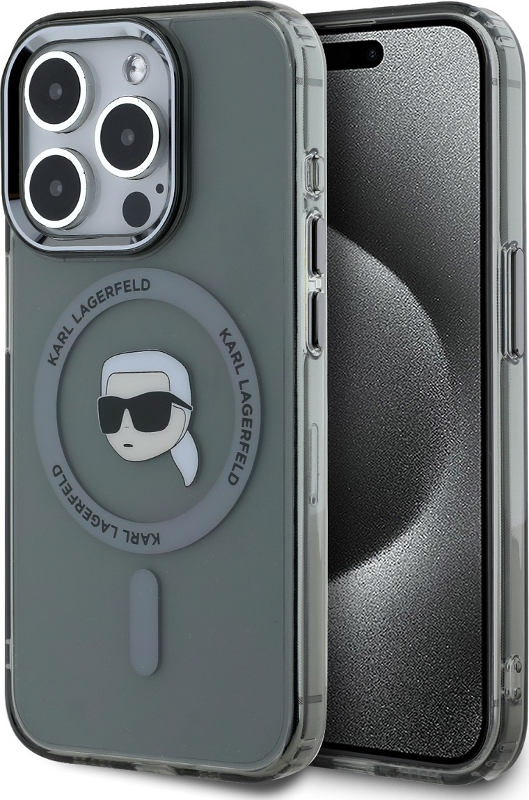 Karl Lagerfeld IML Karl Head Metal Frame MagSafe Zadní Kryt pro iPhone 15 Pro Max Black