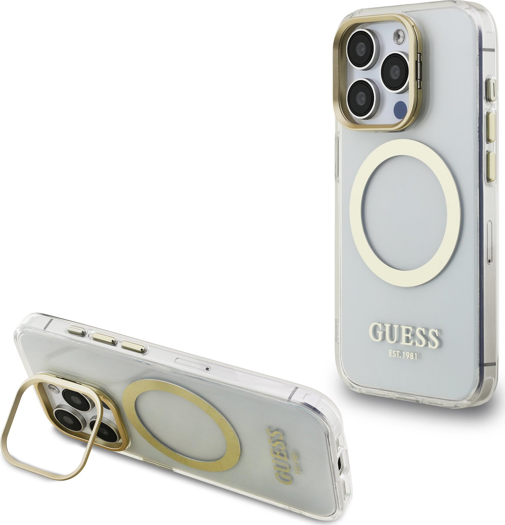 Guess IML Gold Outline Stand Camera Frame MagSafe Zadní Kryt pro iPhone 15 Pro Max Transparent