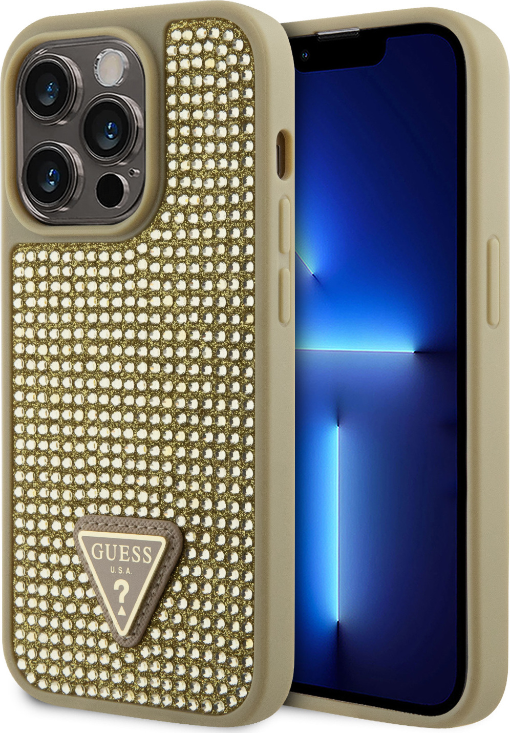 Guess Rhinestones Triangle Metal Logo Kryt pro iPhone 15 Pro Gold