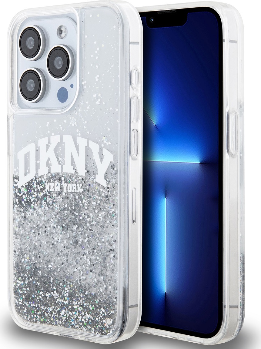 DKNY Liquid Glitter Arch Logo Zadní Kryt pro iPhone 15 Pro Transparent