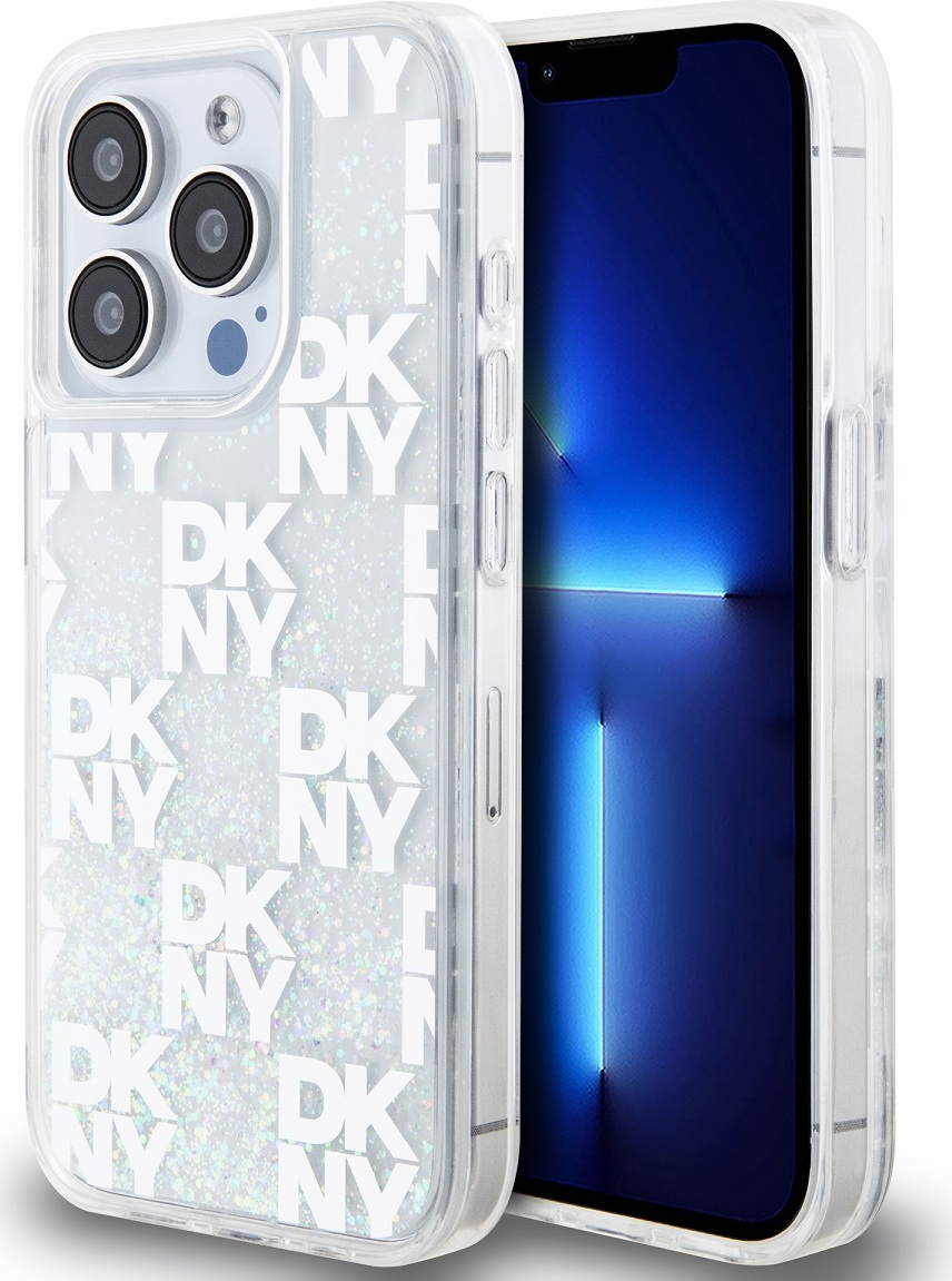 DKNY Liquid Glitter Checkered Pattern Zadní Kryt pro iPhone 15 Pro Transparent