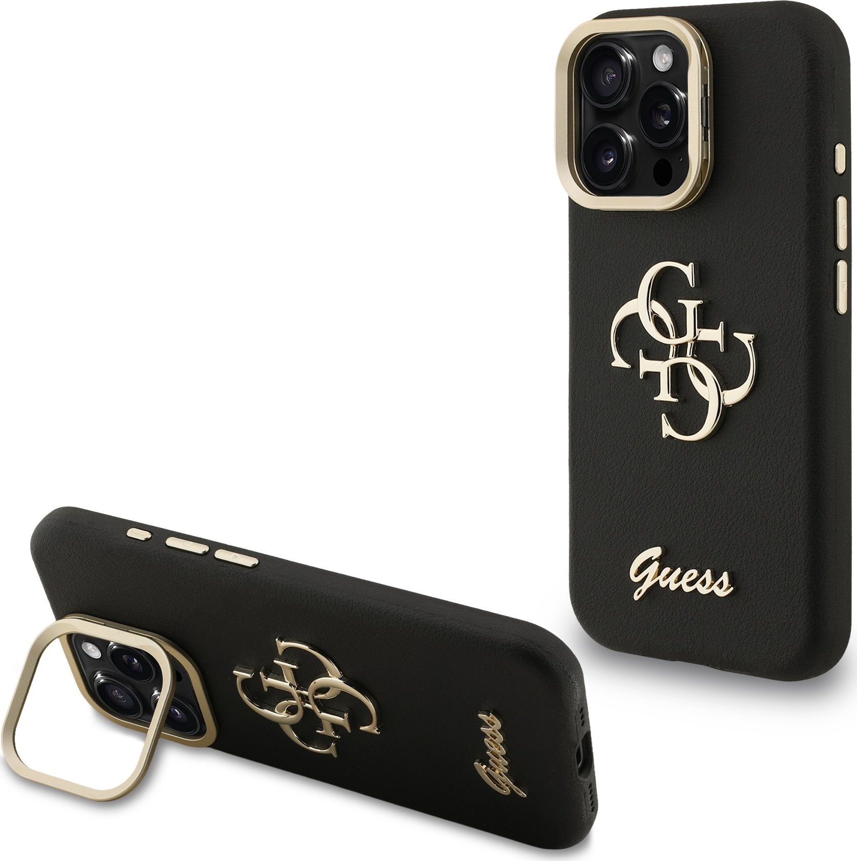 Guess PU Grained 4G Logo Stand Camera Frame Zadní Kryt pro iPhone 15 Pro Black