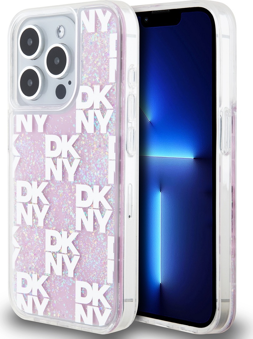 DKNY Liquid Glitter Checkered Pattern Zadní Kryt pro iPhone 15 Pro Pink
