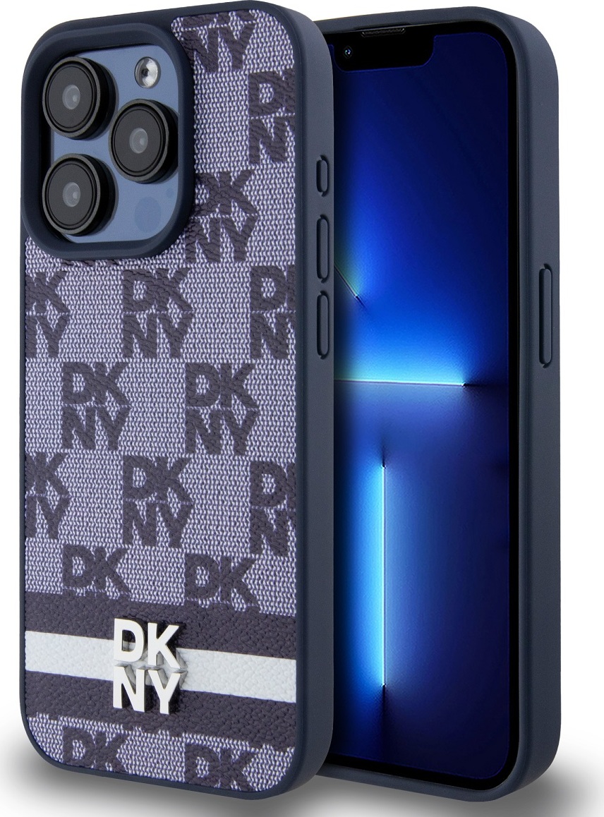 DKNY PU Leather Checkered Pattern and Stripe Zadní Kryt pro iPhone 15 Pro Blue