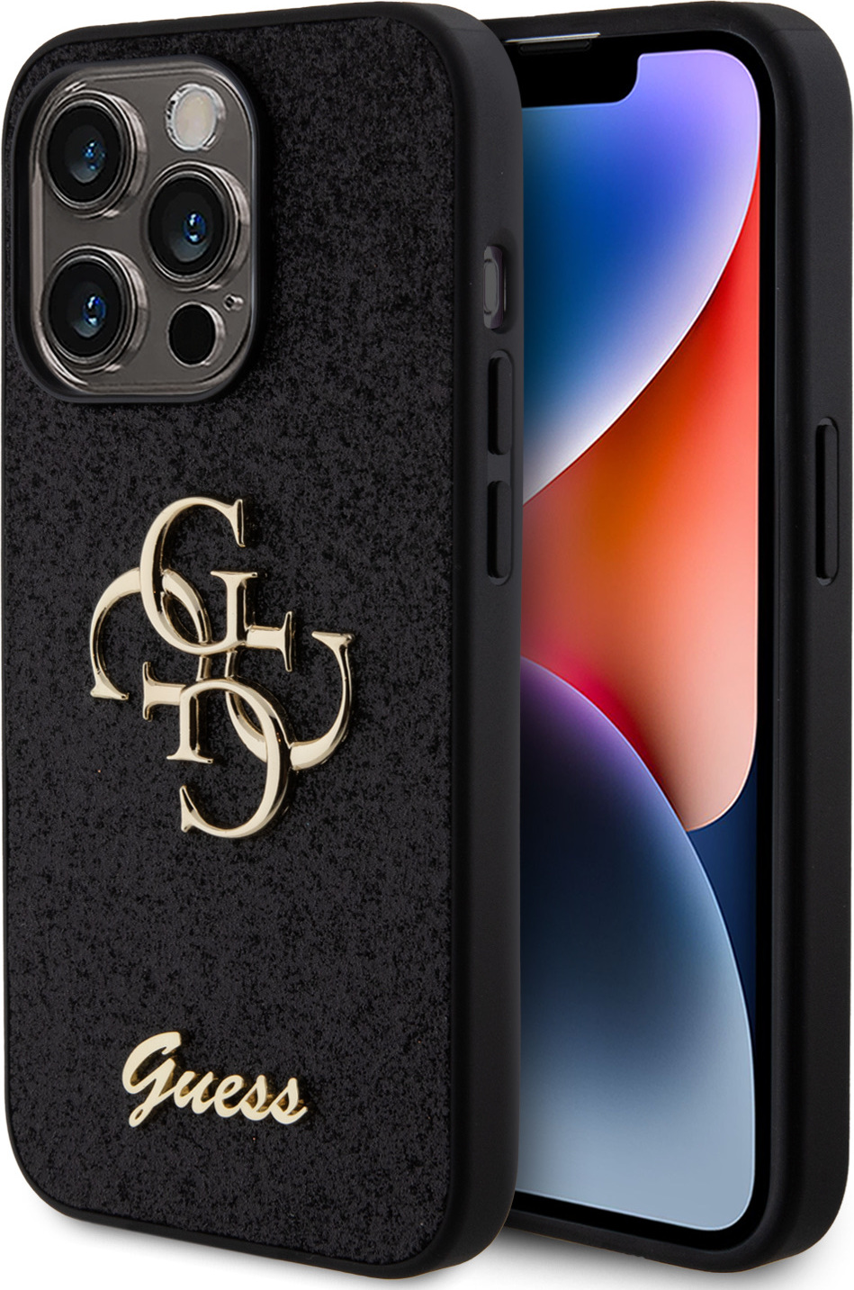 Guess PU Fixed Glitter 4G Metal Logo Zadní Kryt pro iPhone 15 Pro Black