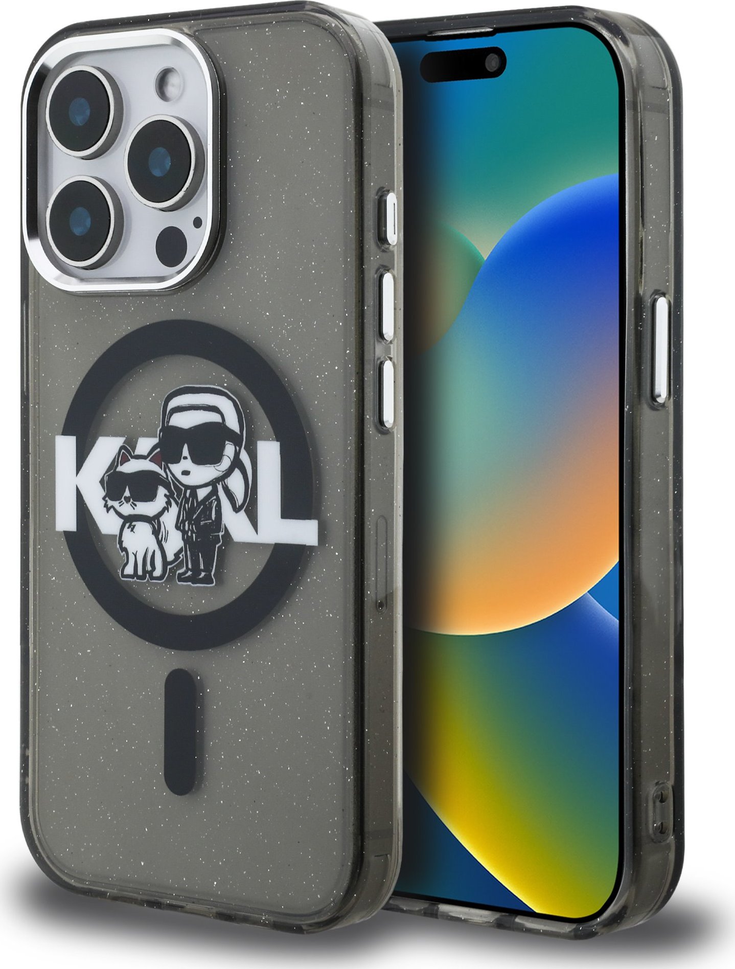 Karl Lagerfeld IML Glitter Karl and Choupette Sketch MagSafe Zadní Kryt pro iPhone 15 Pro Black