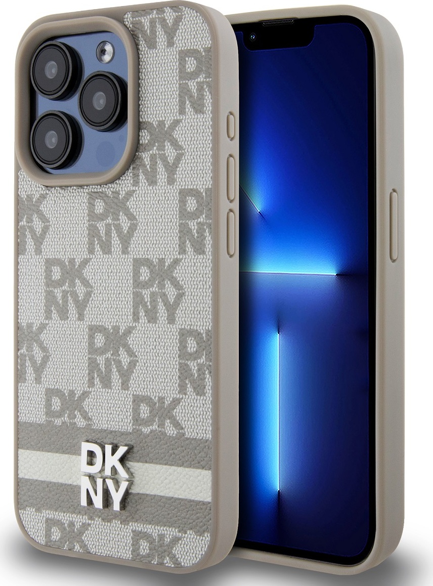 DKNY PU Leather Checkered Pattern and Stripe Zadní Kryt pro iPhone 15 Pro Beige