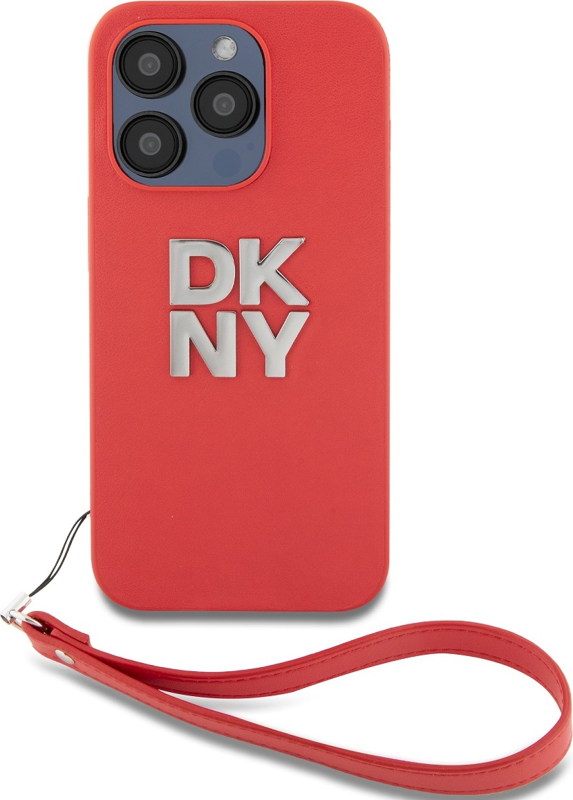 DKNY PU Leather Stack Logo Wrist Strap Zadní Kryt pro iPhone 15 Pro Red
