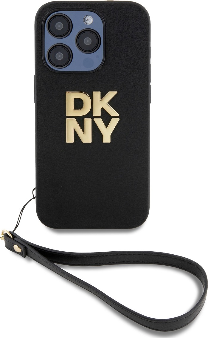 DKNY PU Leather Stack Logo Wrist Strap Zadní Kryt pro iPhone 15 Pro Black