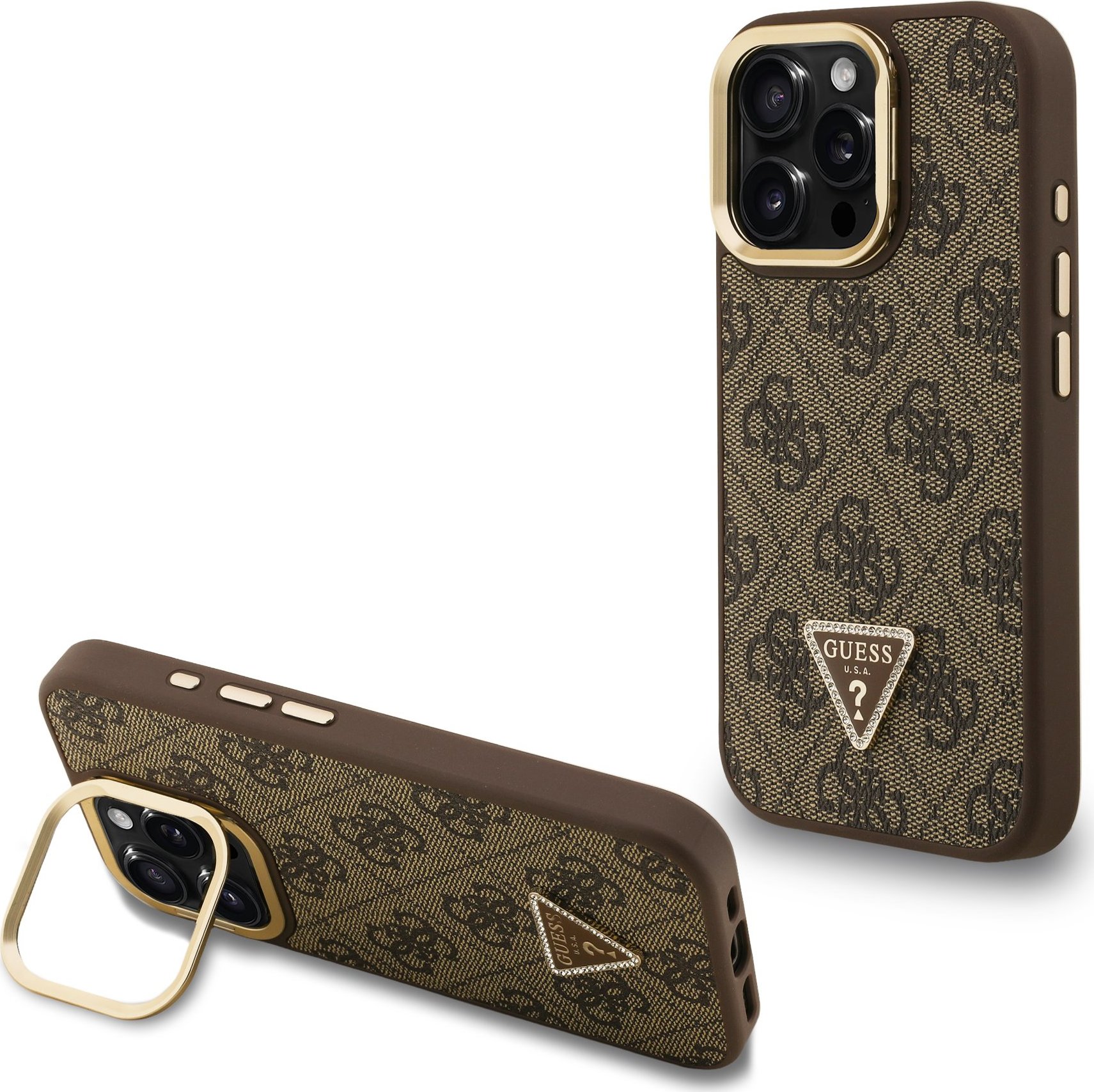 Guess PU 4G Strass Triangle Logo Stand Camera Frame MagSafe Zadní Kryt pro iPhone 15 Pro Brown