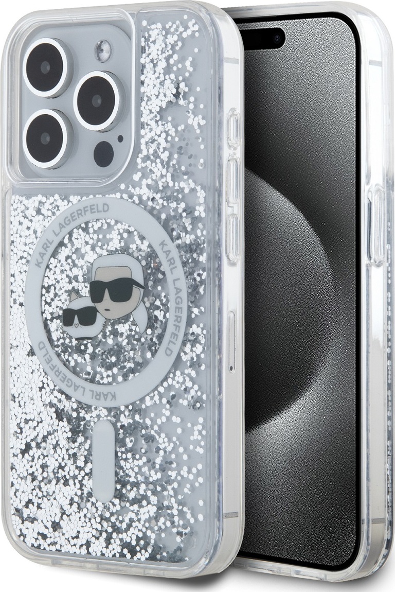 Karl Lagerfeld Liquid Glitter Karl and Choupette Heads MagSafe Zadní Kryt pro iPhone 15 Pro Transparent