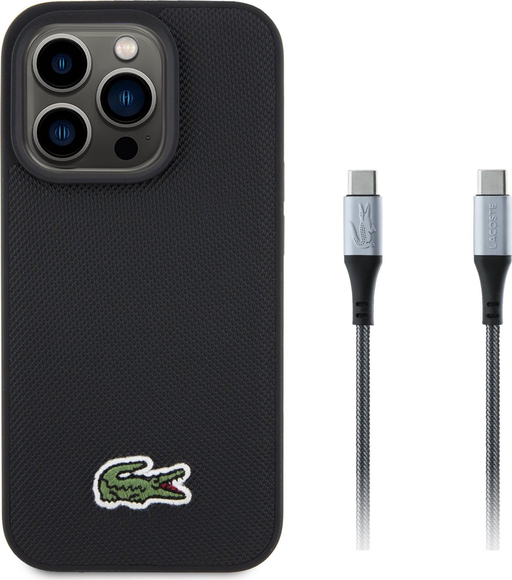 Lacoste Iconic Petit Pique Woven Logo MagSafe Zadní Kryt pro iPhone 15 Pro Black + USB-C/USB-C Datový Kabel