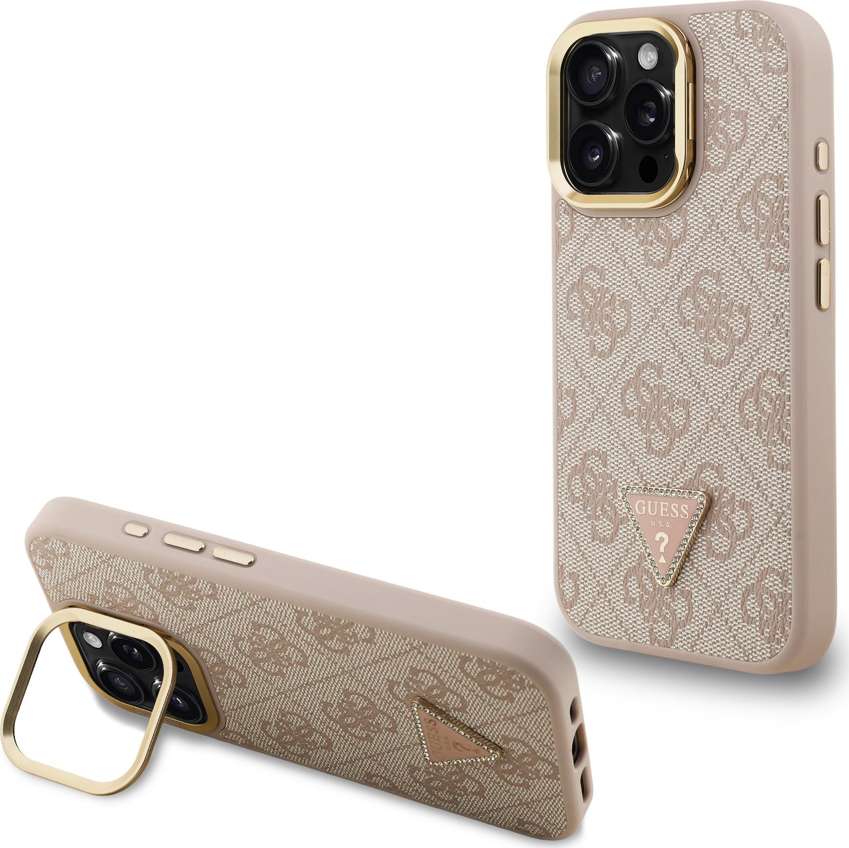 Guess PU 4G Strass Triangle Logo Stand Camera Frame MagSafe Zadní Kryt pro iPhone 15 Pro Pink
