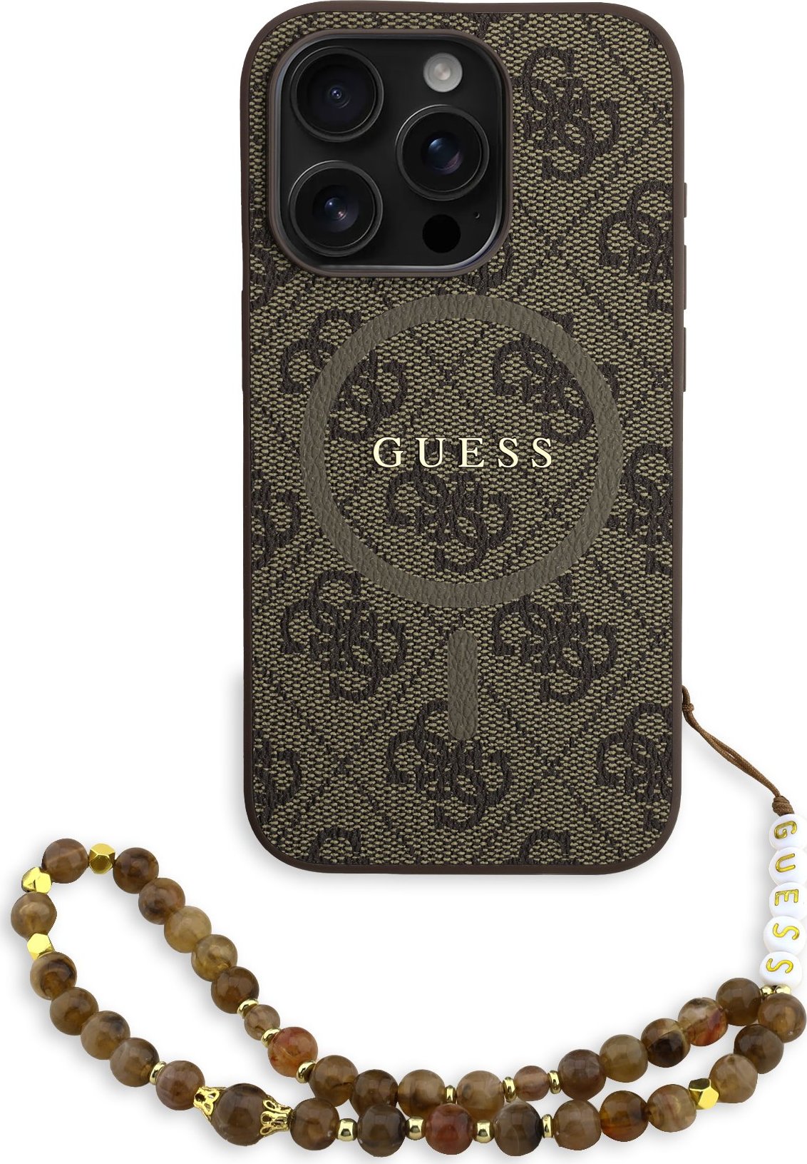 Guess PU Leather 4G Colored Ring Strap MagSafe Zadní Kryt pro iPhone 15 Pro Brown