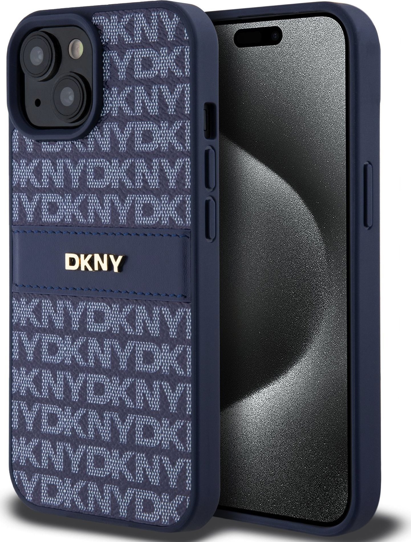 DKNY PU Leather Repeat Pattern Tonal Stripe Zadní Kryt pro iPhone 15 Blue