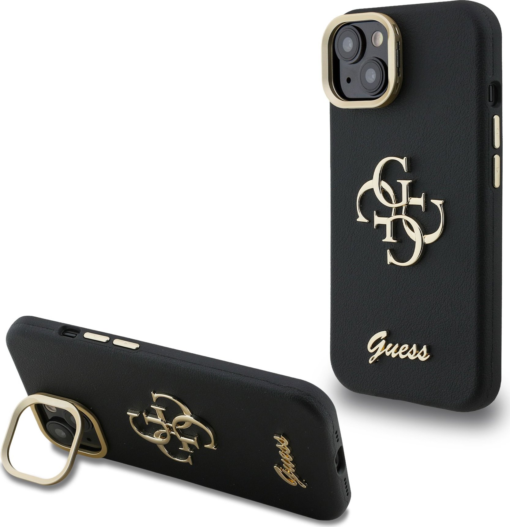 Guess PU Grained 4G Logo Stand Camera Frame Zadní Kryt pro iPhone 15 Black