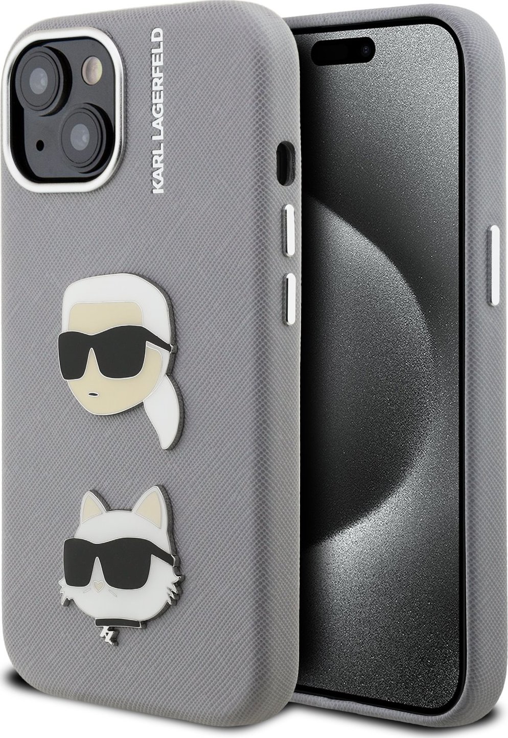 Karl Lagerfeld Grained PU K&CH Heads Zadní Kryt pro iPhone 15 Grey