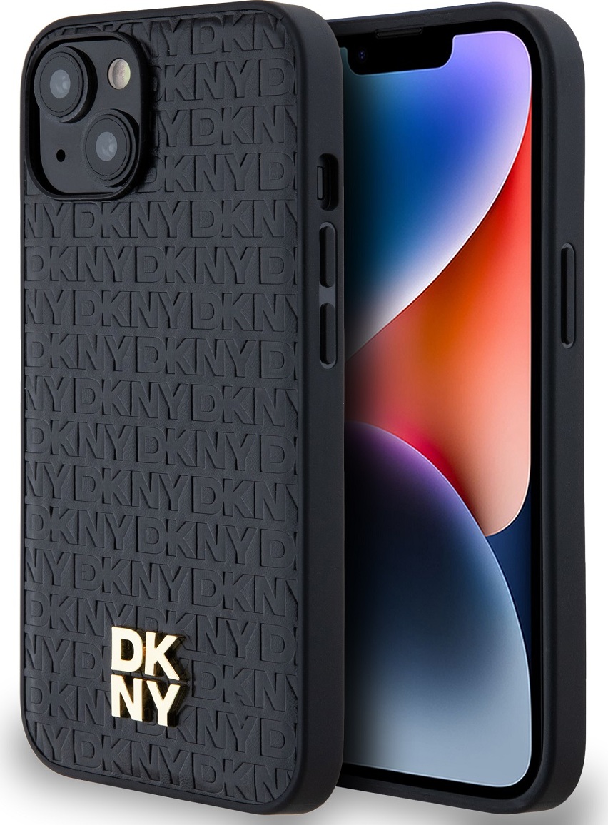 DKNY PU Leather Repeat Pattern Stack Logo Magsafe Zadní Kryt pro iPhone 15 Black