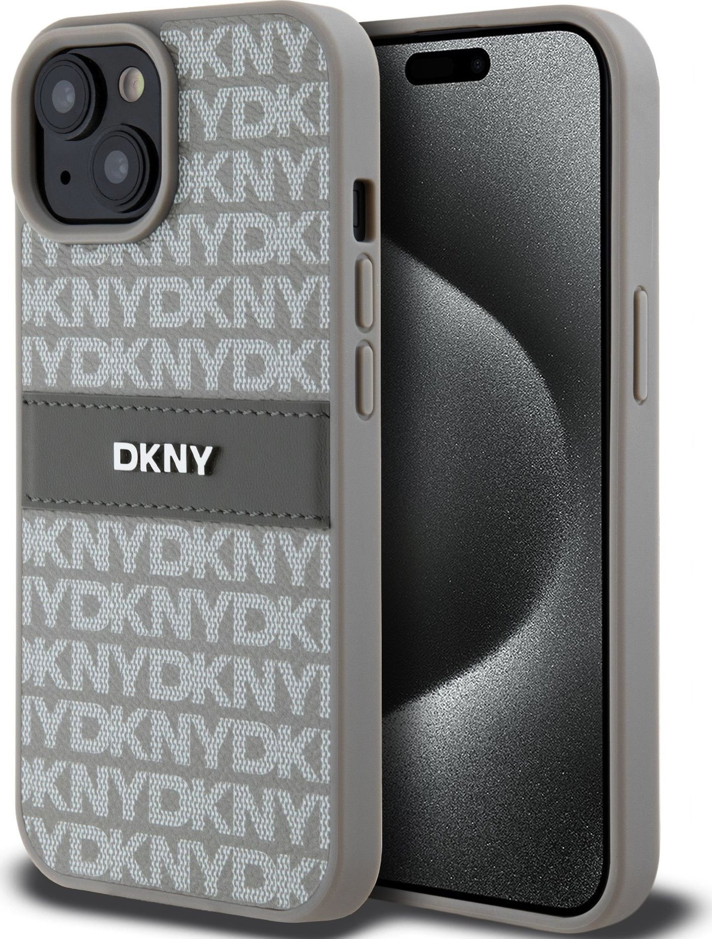 DKNY PU Leather Repeat Pattern Tonal Stripe Zadní Kryt pro iPhone 15 Beige