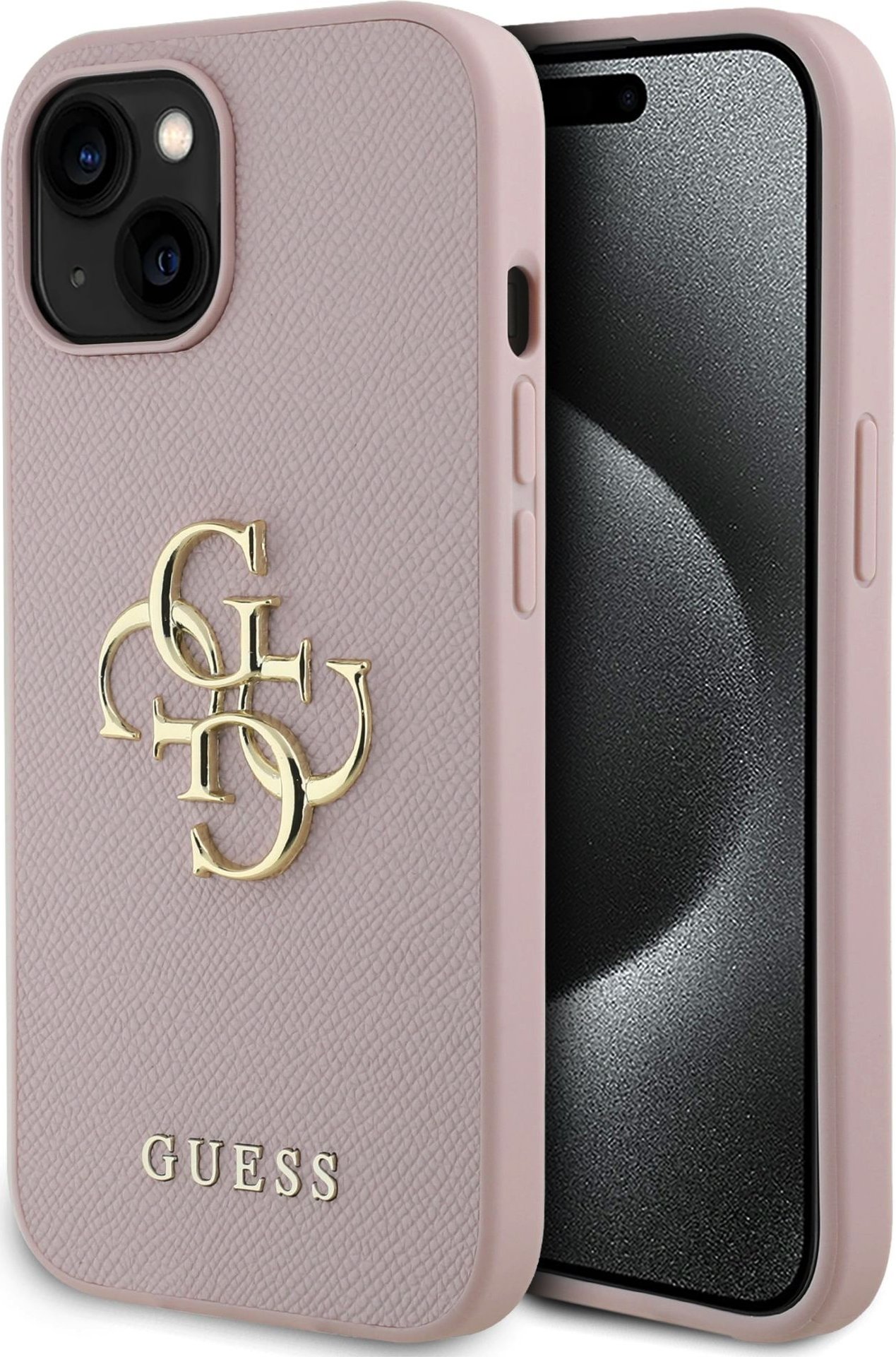 Guess PU Grained 4G Metal Logo Zadní Kryt pro iPhone 15 Pink