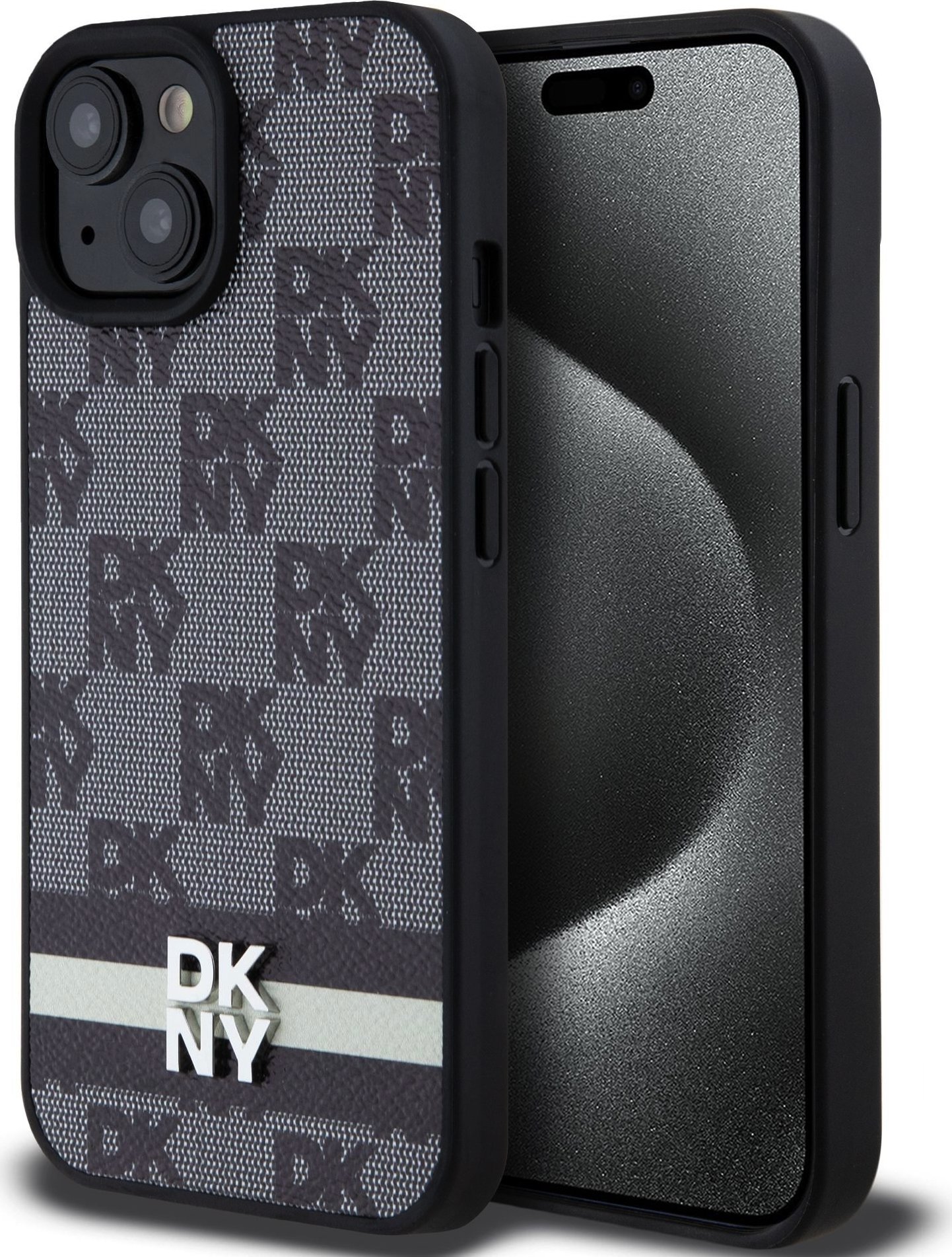 DKNY PU Leather Checkered Pattern and Stripe Zadní Kryt pro iPhone 15 Black