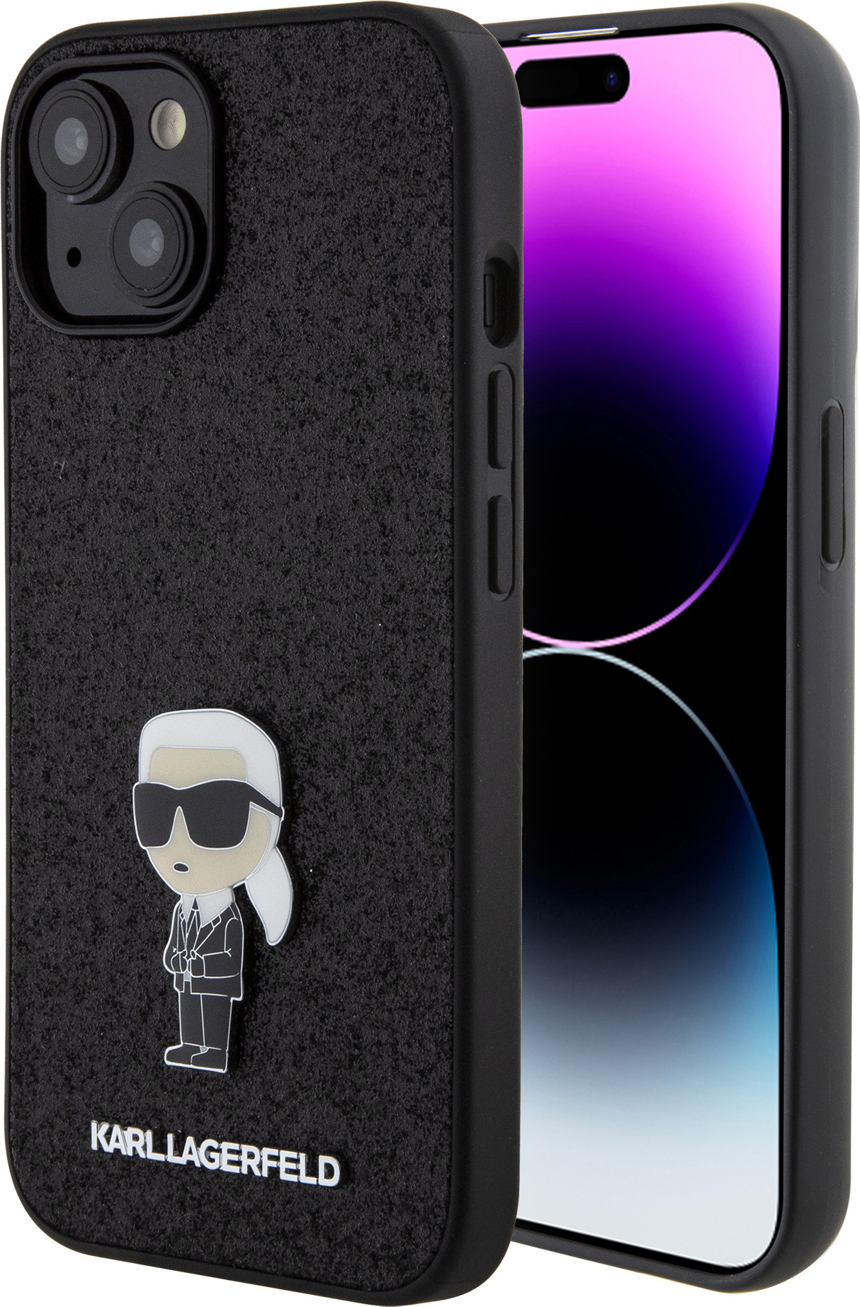 Karl Lagerfeld Fixed Glitter Metal Ikonik Zadní Kryt pro iPhone 15 Black