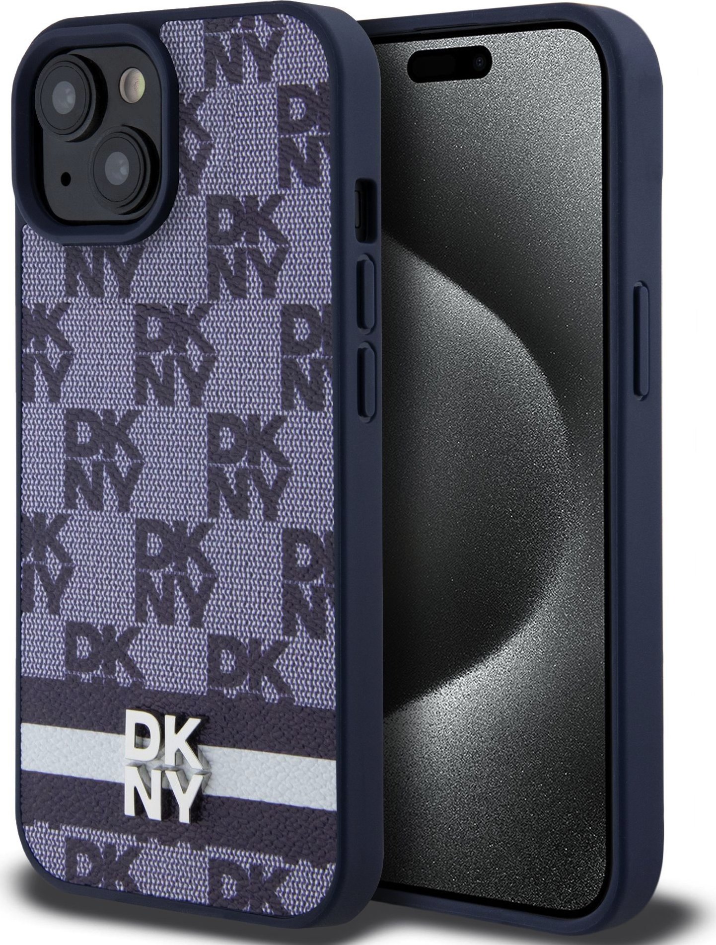DKNY PU Leather Checkered Pattern and Stripe Zadní Kryt pro iPhone 15 Blue