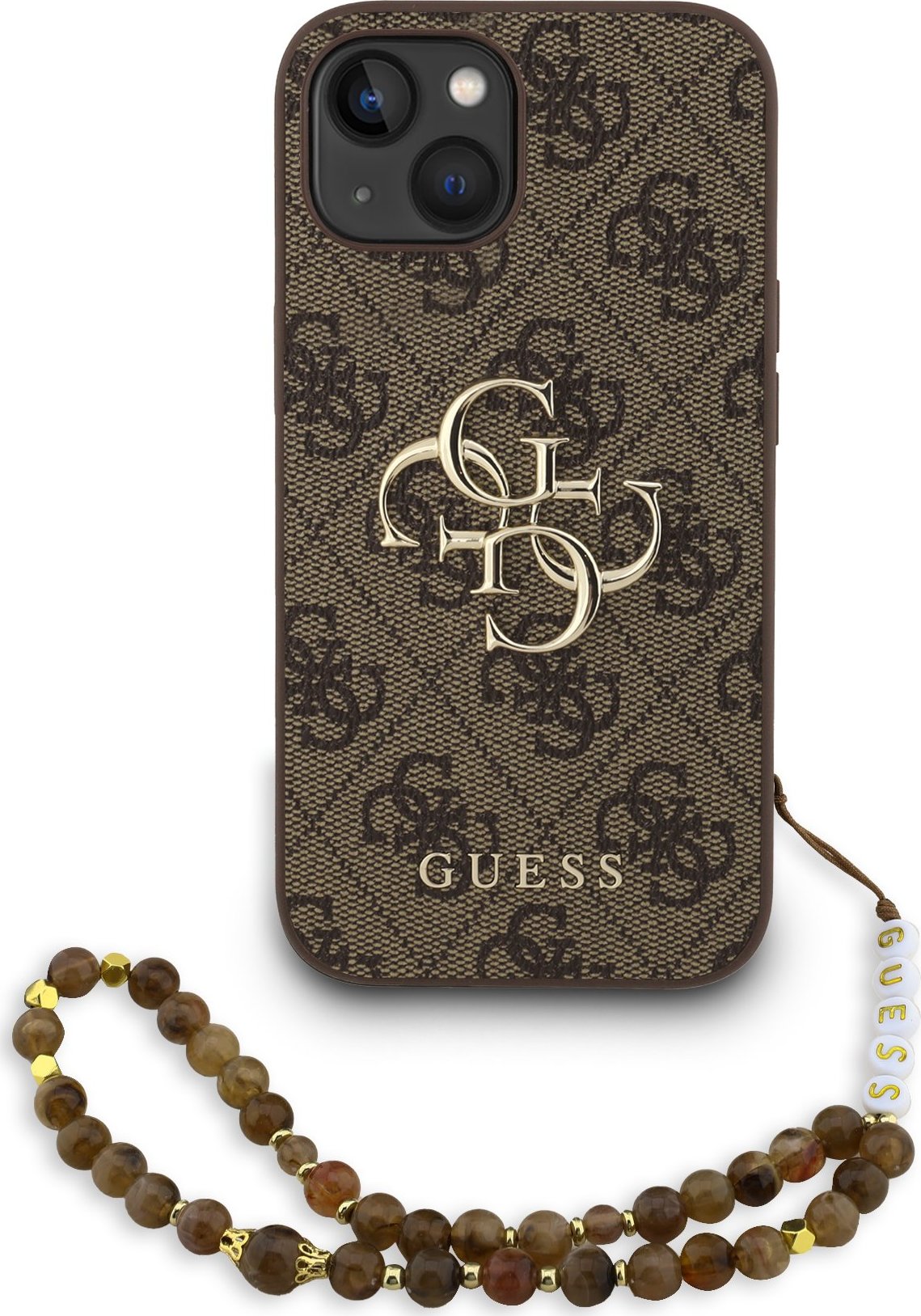 Guess PU 4G Metal Logo Strap Zadní Kryt pro iPhone 15 Brown
