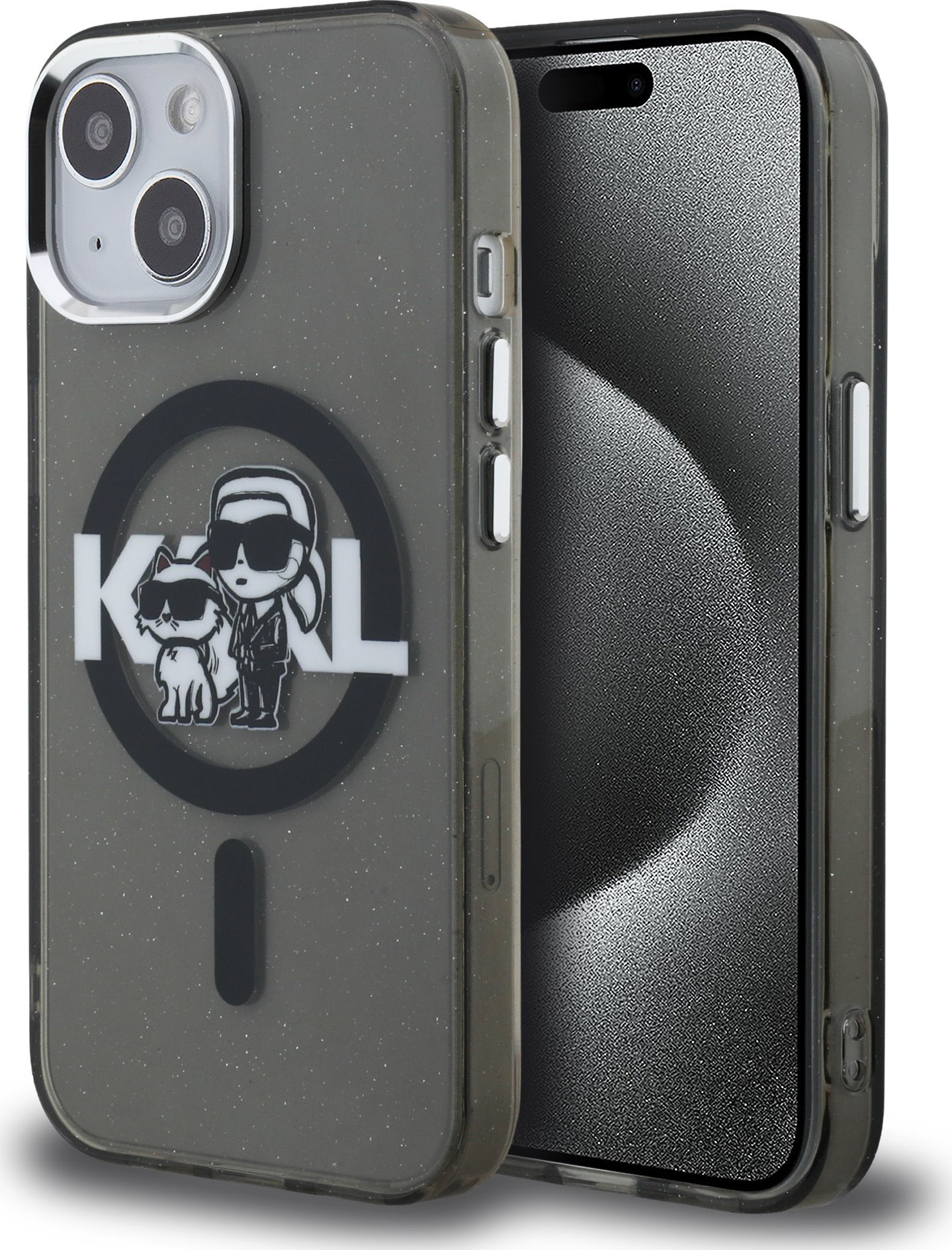 Karl Lagerfeld IML Glitter Karl and Choupette Sketch MagSafe Zadní Kryt pro iPhone 15 Black