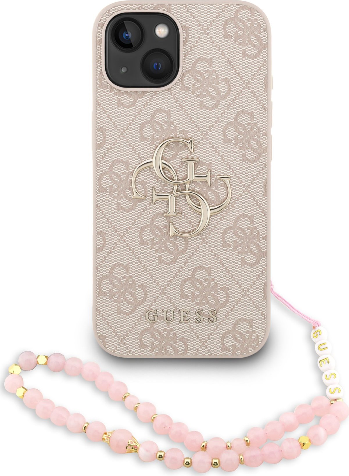 Guess PU 4G Metal Logo Strap Zadní Kryt pro iPhone 15 Pink