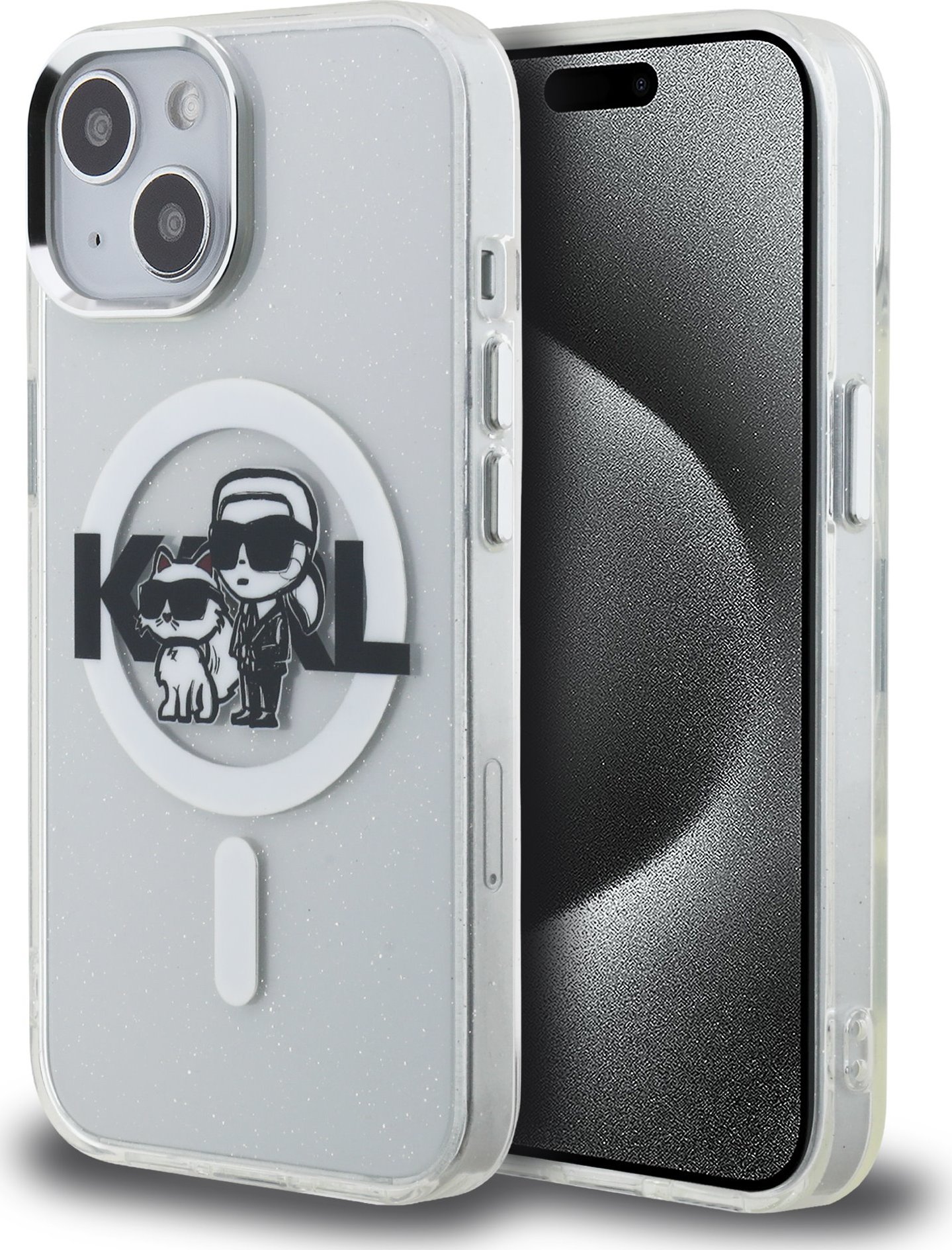 Karl Lagerfeld IML Glitter Karl and Choupette Sketch MagSafe Zadní Kryt pro iPhone 15 Transparent
