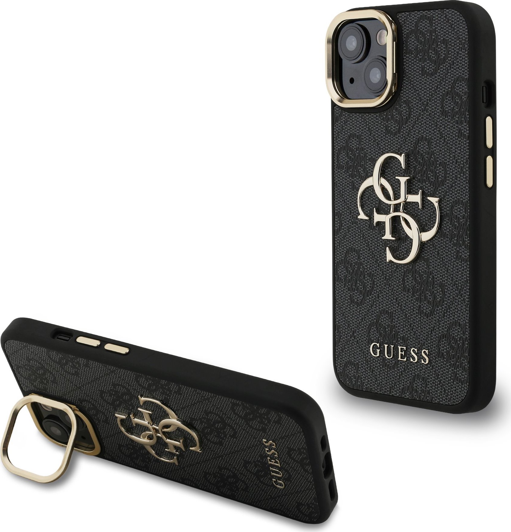 Guess PU 4G Metal Logo Stand Camera Frame Zadní Kryt pro iPhone 15 Black