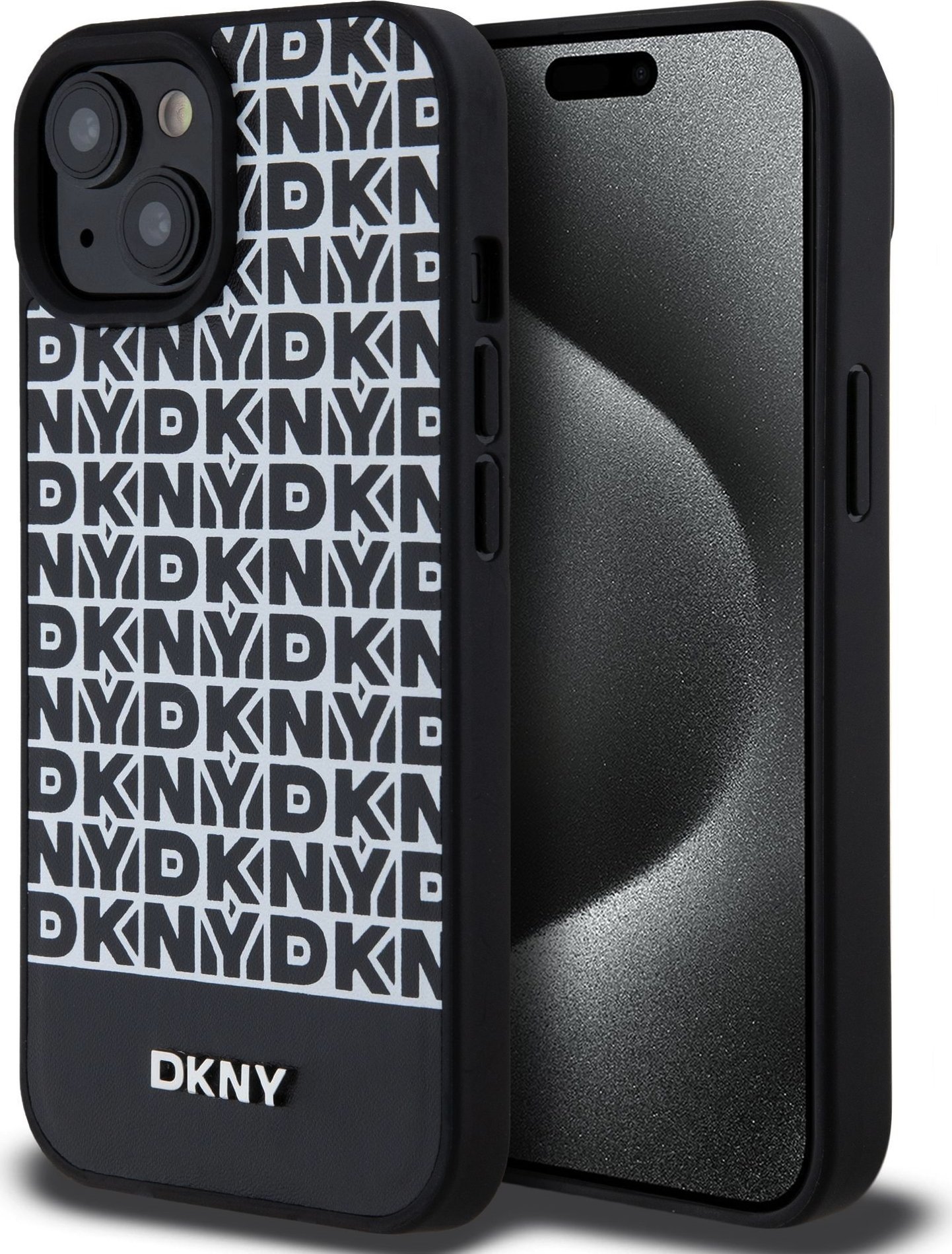 DKNY PU Leather Repeat Pattern Bottom Stripe MagSafe Zadní Kryt pro iPhone 15 Black