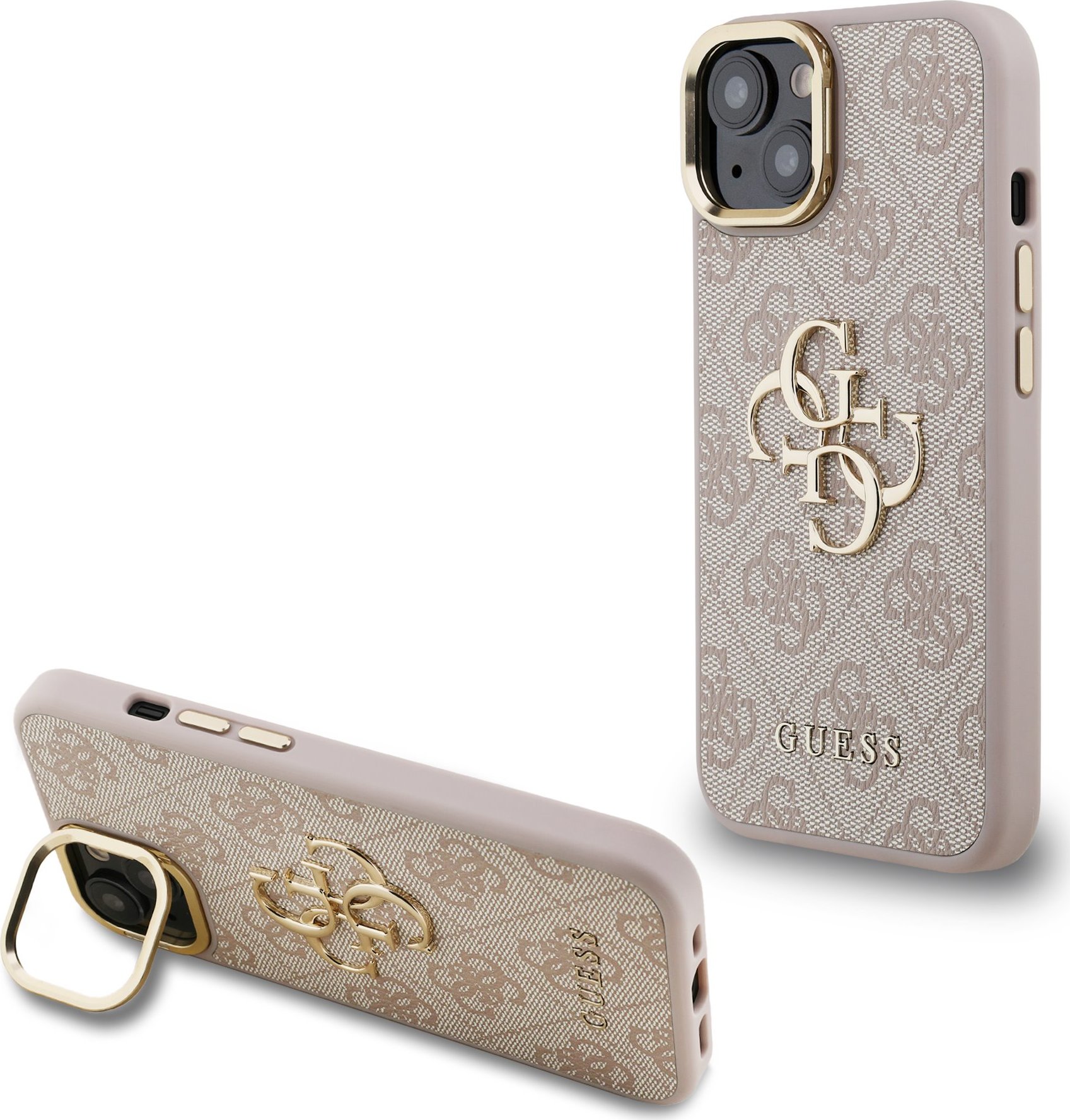 Guess PU 4G Metal Logo Stand Camera Frame Zadní Kryt pro iPhone 15 Pink