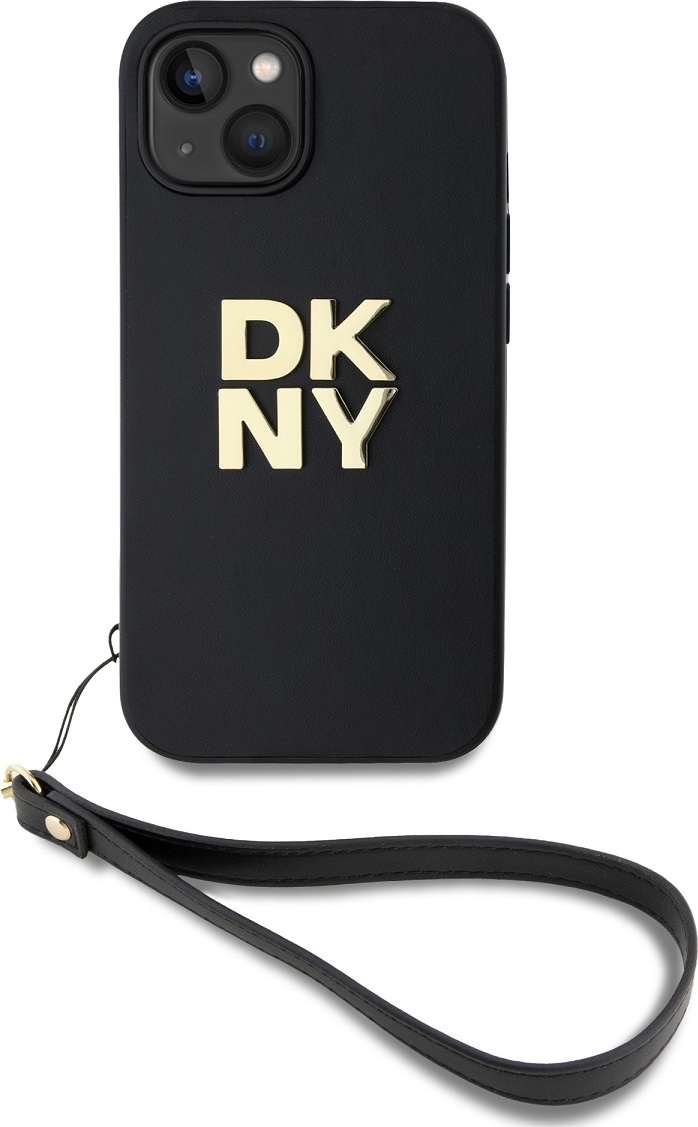 DKNY PU Leather Stack Logo Wrist Strap Zadní Kryt pro iPhone 15 Black
