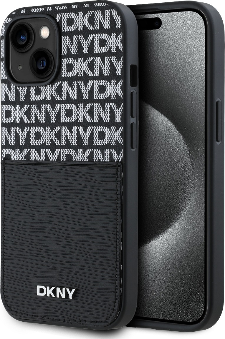 DKNY PU Leather Repeat Pattern Card Pocket Zadní Kryt pro iPhone 15 Black