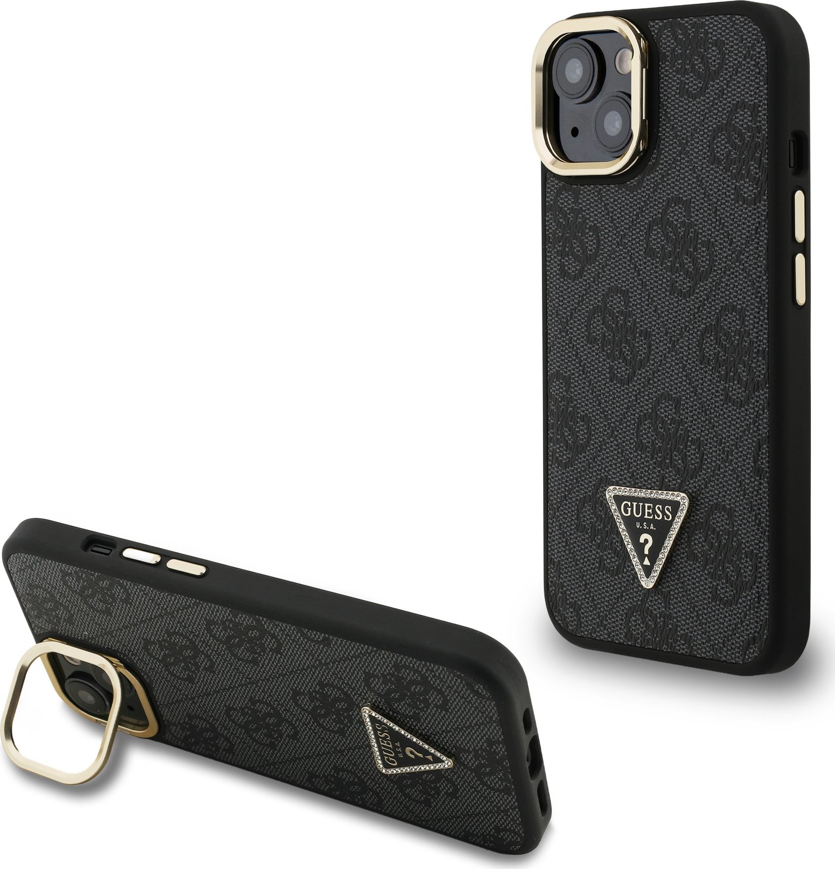 Guess PU 4G Strass Triangle Logo Stand Camera Frame MagSafe Zadní Kryt pro iPhone 15 Black