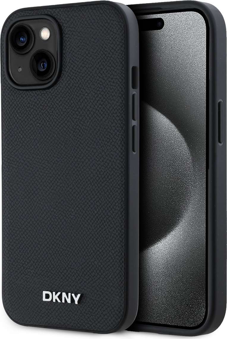 DKNY PU Leather Silver Metal Logo Magsafe Zadní Kryt pro iPhone 15 Black