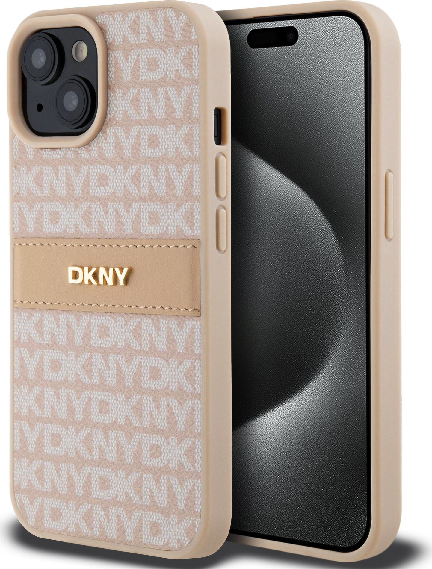 DKNY PU Leather Repeat Pattern Tonal Stripe Zadní Kryt pro iPhone 15 Pink