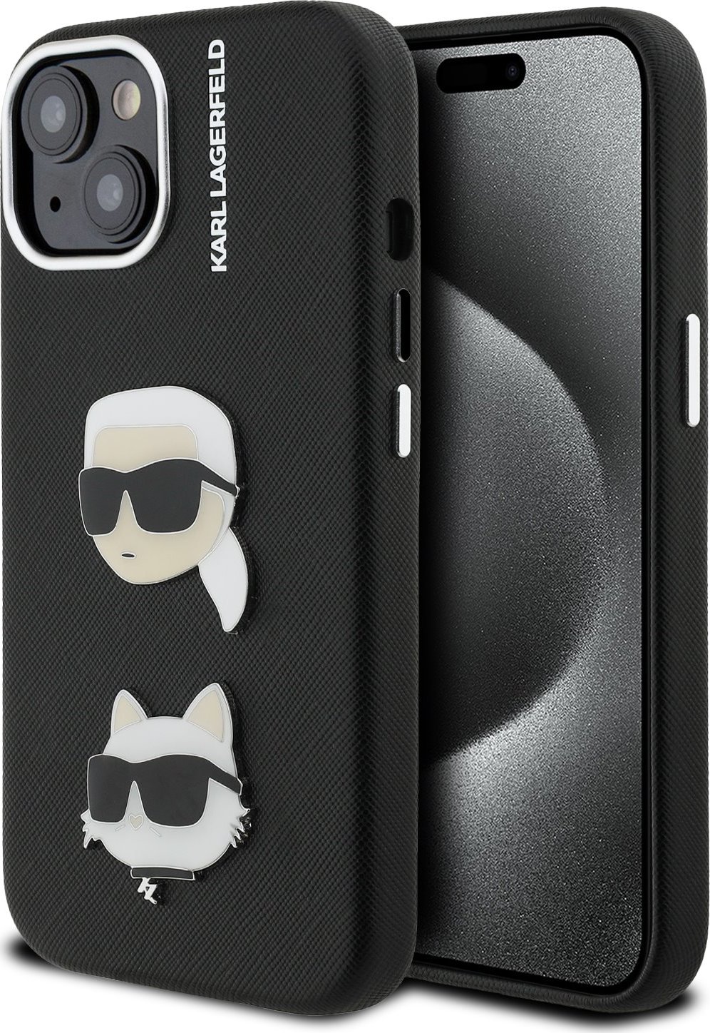 Karl Lagerfeld Grained PU K&CH Heads Zadní Kryt pro iPhone 15 Black