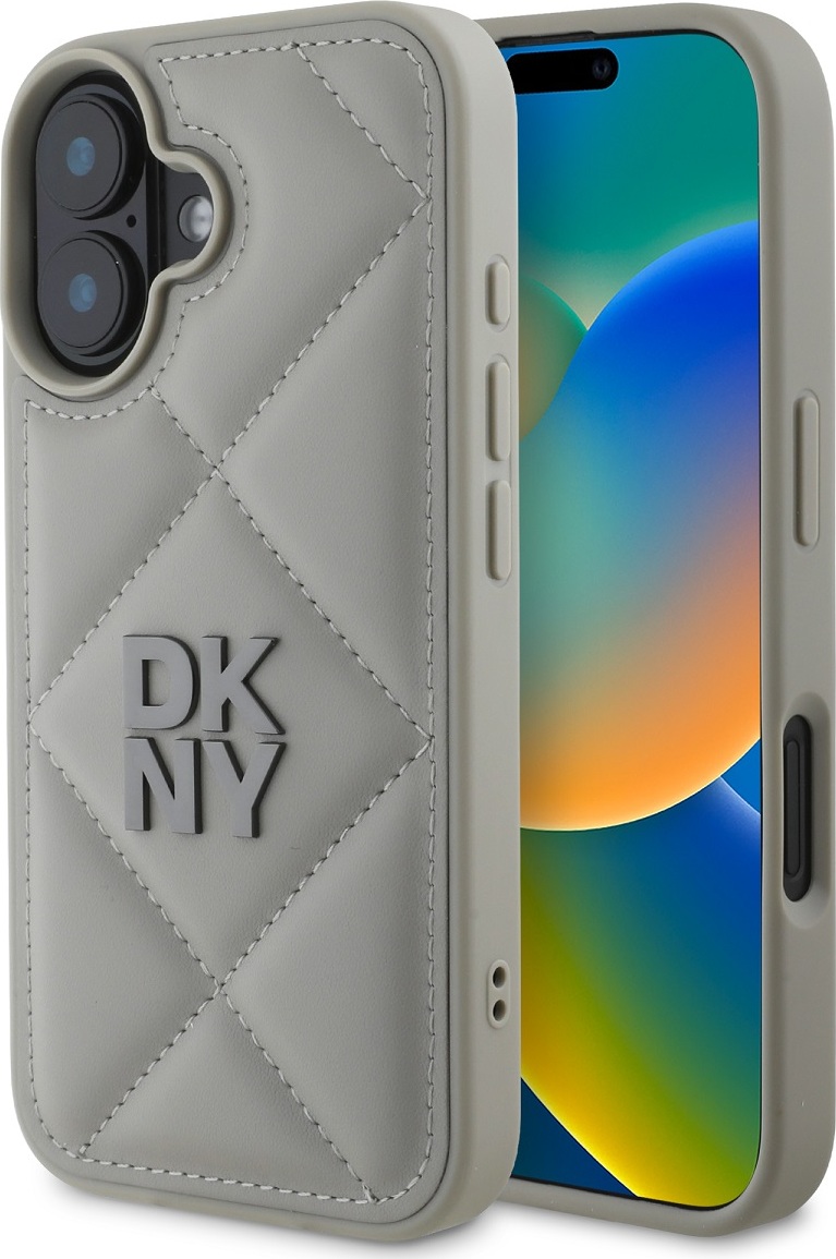 DKNY PU Leather Quilted Stack Logo Zadní Kryt pro iPhone 16 Plus Grey