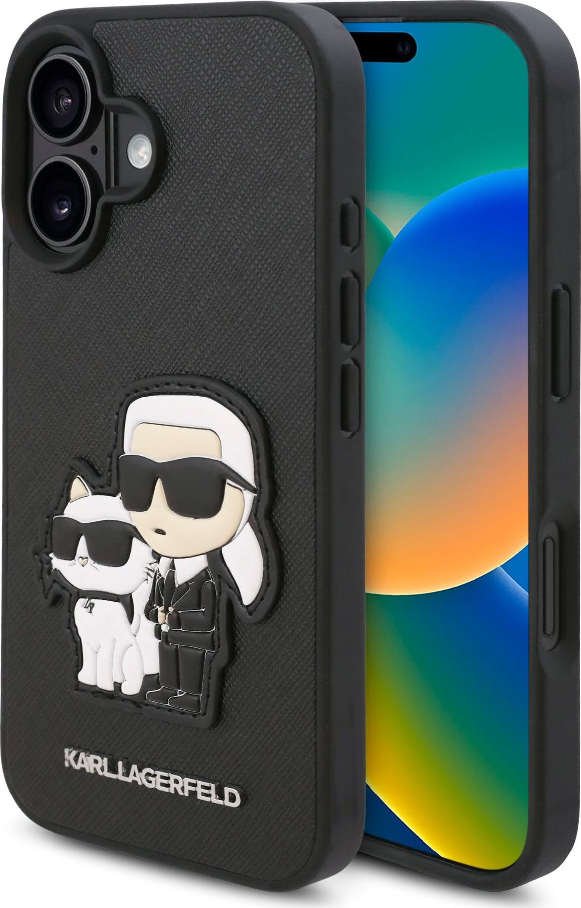 Karl Lagerfeld PU Saffiano Karl and Choupette Zadní Kryt pro iPhone 16 Plus Black