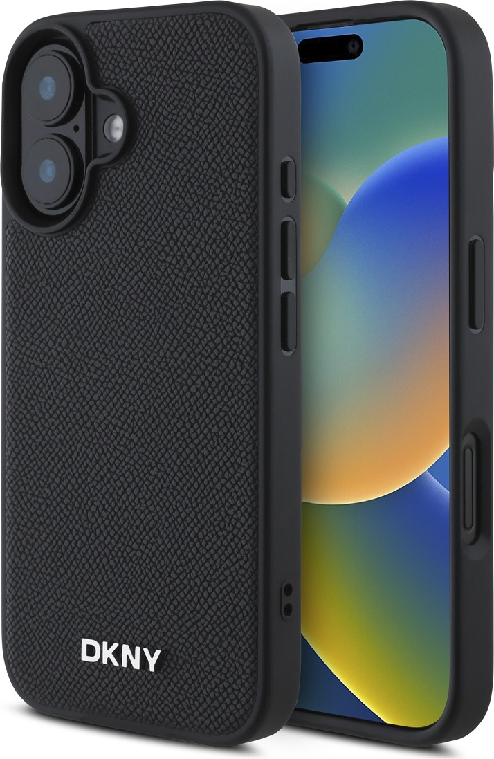 DKNY PU Leather Silver Metal Logo Magsafe Zadní Kryt pro iPhone 16 Plus Black