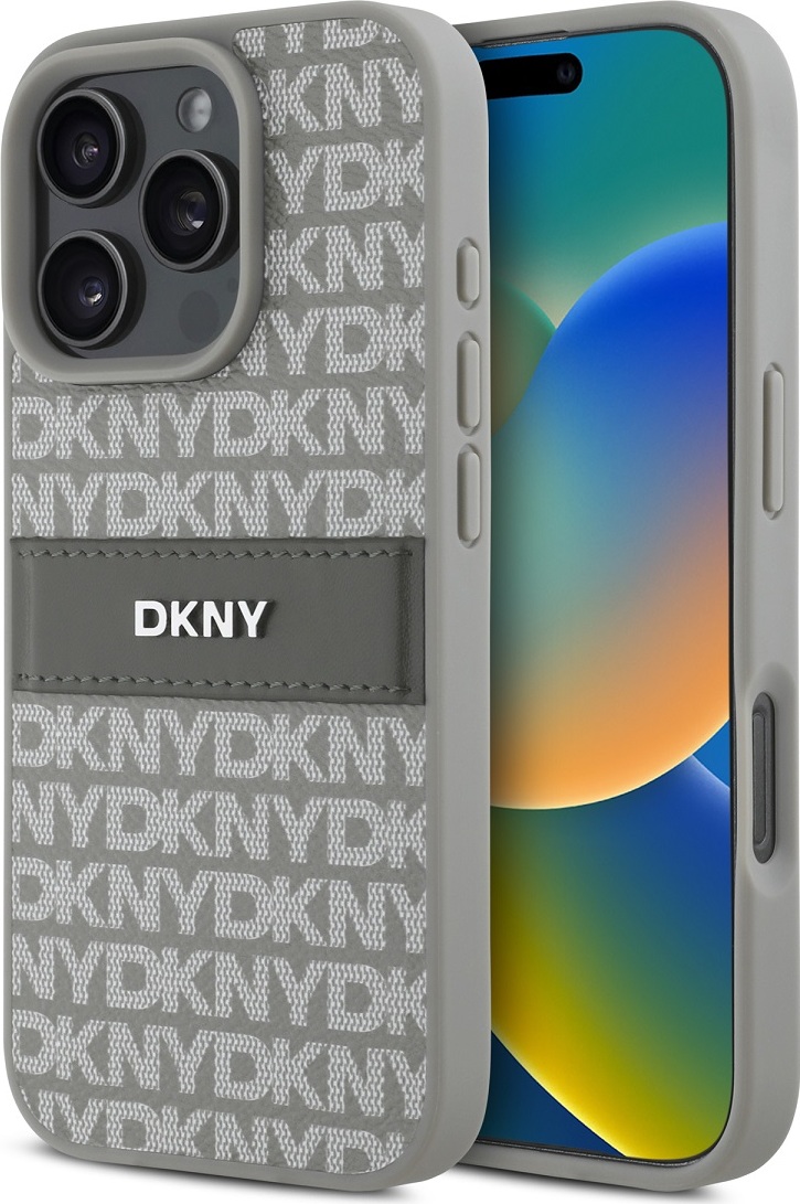 DKNY PU Leather Repeat Pattern Tonal Stripe Zadní Kryt pro iPhone 16 Pro Max Beige