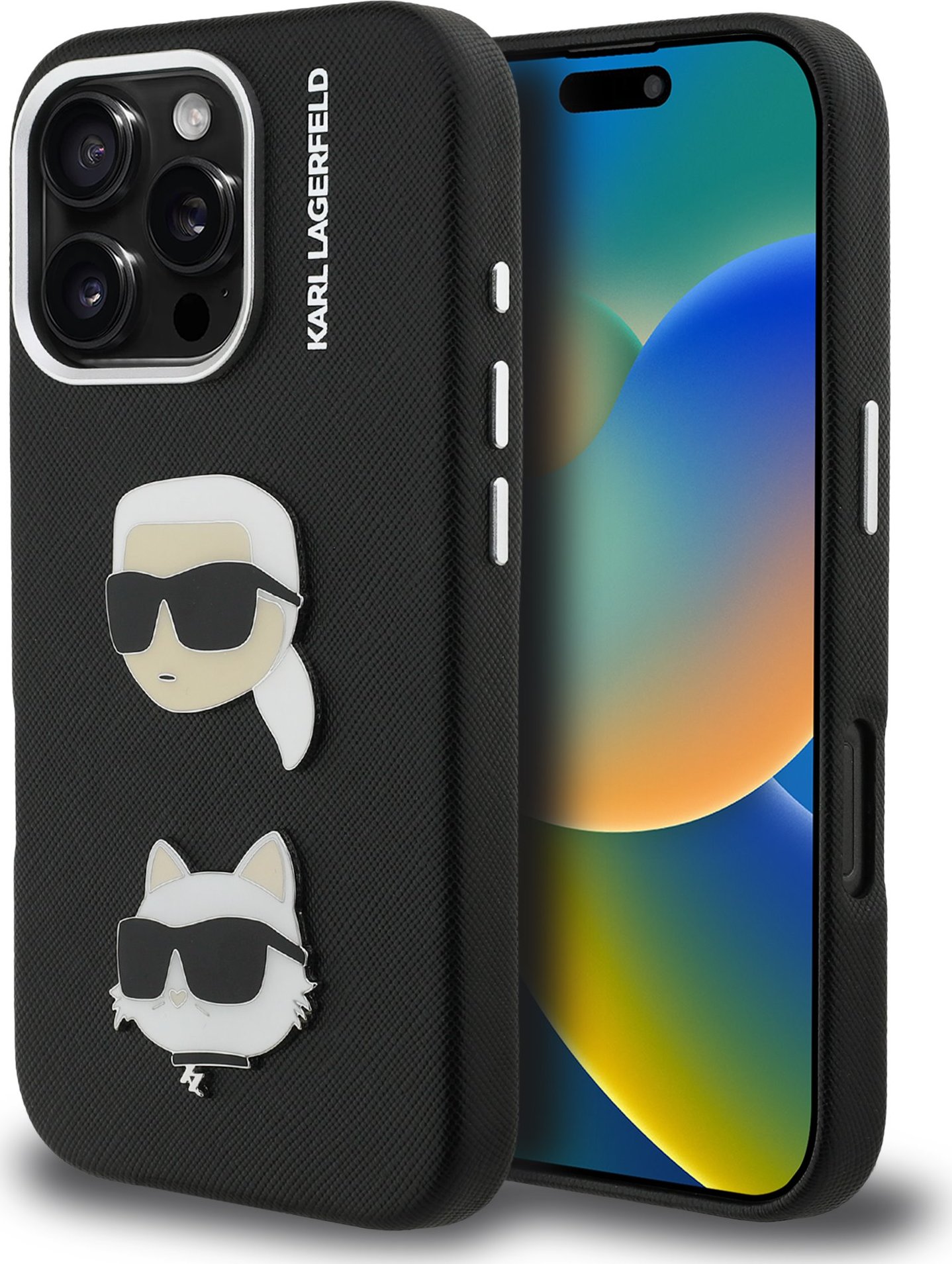 Karl Lagerfeld Grained PU K&CH Heads Zadní Kryt pro iPhone 16 Pro Max Black