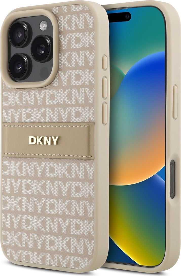 DKNY PU Leather Repeat Pattern Tonal Stripe Zadní Kryt pro iPhone 16 Pro Max Pink